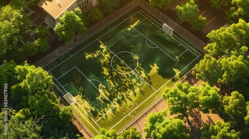 Aerial view of a soccer field surrounded by trees