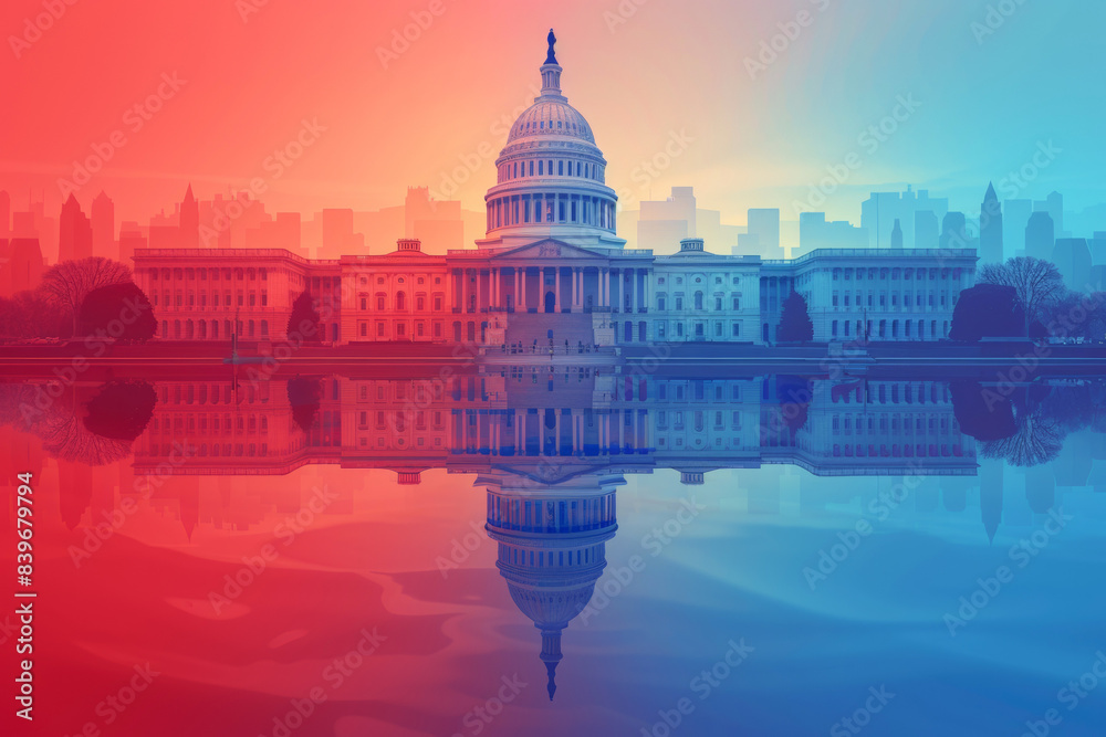 Fototapeta premium The United States Capitol building reflected in a calm pool of water, with a gradient background symbolizing political themes.