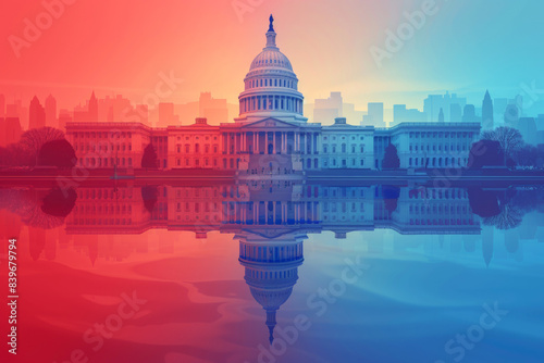 The United States Capitol building reflected in a calm pool of water, with a gradient background symbolizing political themes.