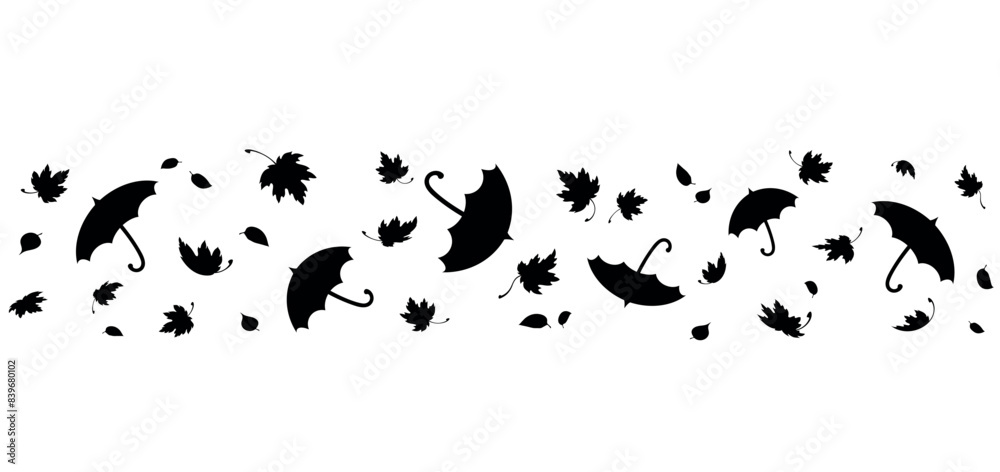 Autumn background with flying maple leaves and umbrellas. Isolated black silhouette on white background. Vector illustration Autumn background with flying maple leaves and umbrellas. Isolated black silhouette on white background. Vector illustration