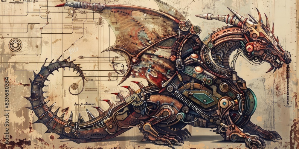 Fototapeta premium Steampunk Mechanical Dragon Illustration
