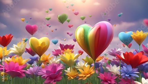 Group of colorful 3D love hearts launches from flowers garden into the air