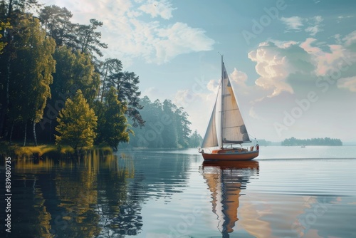 Fototapeta Naklejka Na Ścianę i Meble -  A sailboat gliding effortlessly across the surface of a peaceful lake or ocean, providing a serene and idyllic atmosphere