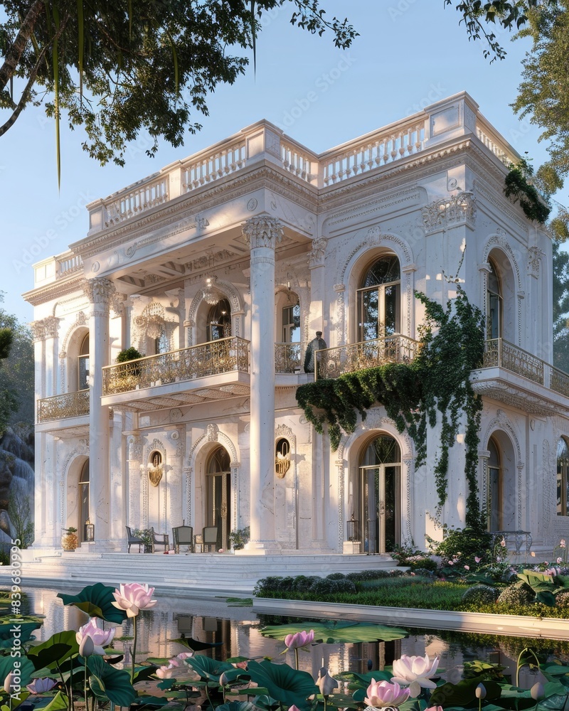 Fototapeta premium Classic style white house amidst forest with lake garden and beautiful lotus flowers