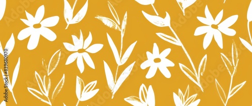 A white on mustard yellow pattern with simple floral shapes