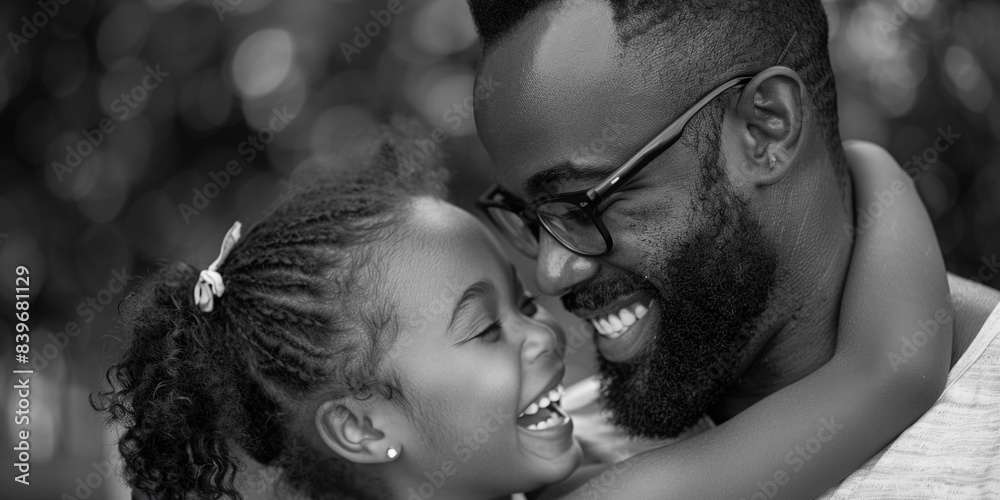 Fototapeta premium A black and white photograph of a man and a young girl, likely a family member