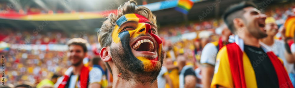 Belgian football soccer fans in a stadium supporting the national team, Face painted in flag colors, Rode Duivels, Diables Rouges
Belgian football soccer fans in a stadium supporting the national team, Face painted in flag colors, Rode Duivels, Diables Rouges