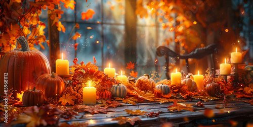 seasonal thanksgiving decor, a welcoming thanksgiving banner featuring a lit candle casting a warm glow over a table adorned with pumpkins and fall foliage