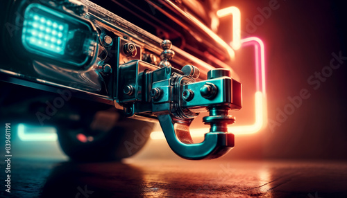 Closeup of a Polished Chrome Trailer Hitch on a Car With Neon Lights