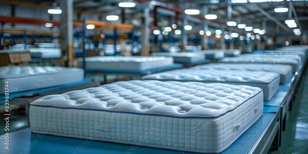 Obraz premium New Mattresses in Factory Under Bright Lights, Prepared for Distribution. Concept Factory Setting, Mattress Production, Bright Lights, New Stock, Distribution Ready