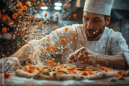 Wild and crazy Italian chef wildly making pizza with ingredients flying around