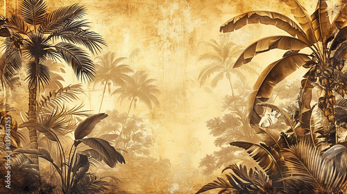 vintage background, retro mural photo wallpaper jungle and graceful leaves tropical forest 