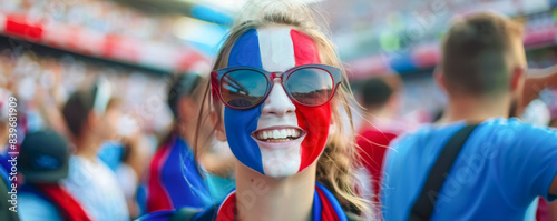 Happy French female supporter with face painted in French flag colors, French fan at a sports event such as football, soccer or rugby match, blurry stadium background