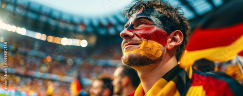 Happy German male supporter with face painted in German flag colors, German fan at a sports event such as football, soccer or rugby match, blurry stadium background