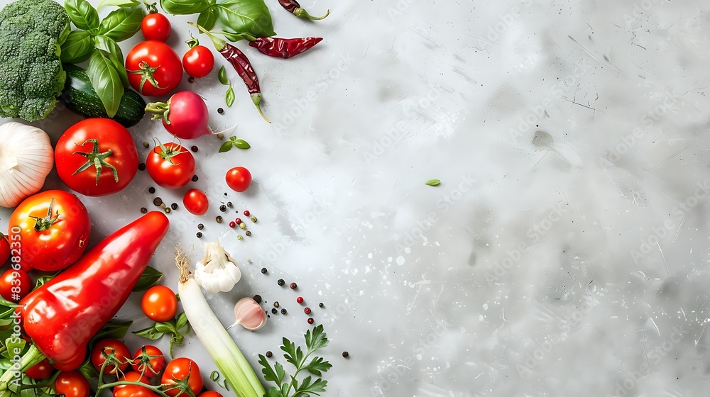 Abstract background with various vegetables on a white table, in a flat lay top view with space for text, stock photo contest winner, banner design, website header Abstract background with various vegetables on a white table, in a flat lay top view with space for text, stock photo contest winner, banner design, website header