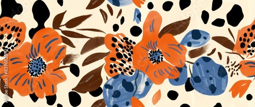 Abstract animal print pattern in orange. The design is reminiscent of the playful art style often seen on wallpaper or fabric designs