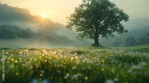 landscape photo of a vast meadow from a low angle highlighting dewcovered grass blades in the foreground leading to a solitary tree in the middle distance under a soft morning photo