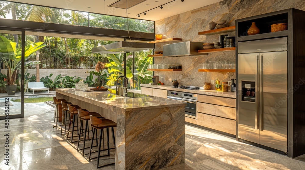 luxurious kitchen design, the kitchen boasts a spacious marble island with bar stools, stainless steel appliances, and open shelves showcasing organized glassware and ceramics, seamlessly fusing luxurious kitchen design, the kitchen boasts a spacious marble island with bar stools, stainless steel appliances, and open shelves showcasing organized glassware and ceramics, seamlessly fusing