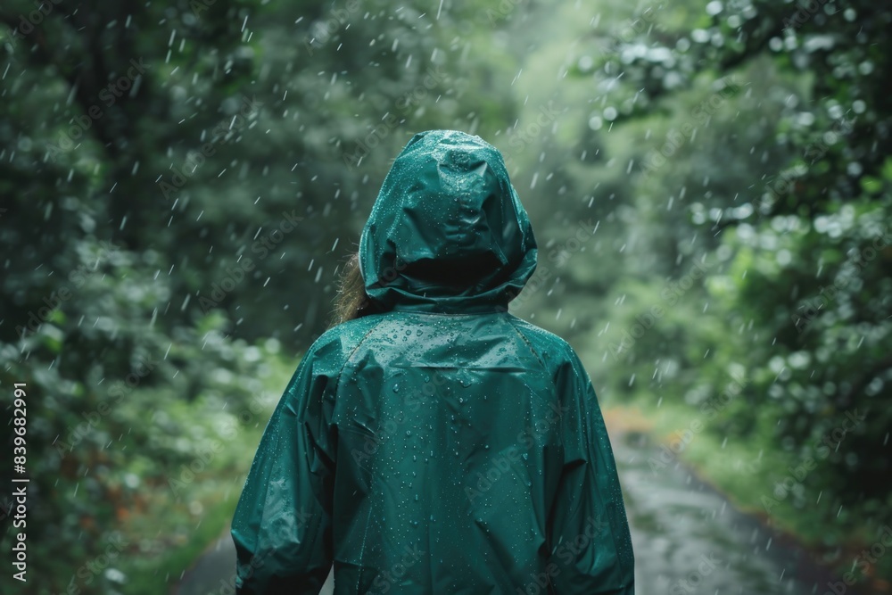 A person wearing a raincoat walks down a road, with a blurred background A person wearing a raincoat walks down a road, with a blurred background