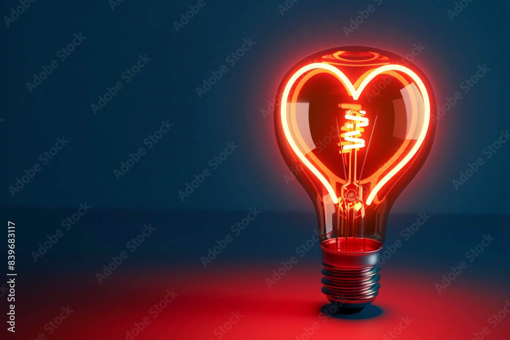 A red heart shaped light bulb, illuminated against a dark background A red heart shaped light bulb, illuminated against a dark background