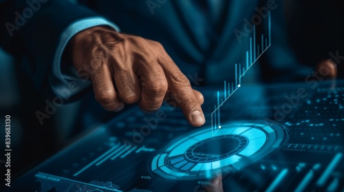 Businessman interacting with virtual screen showing cost reduction icon and down arrow, symbolizing budget management in business finance. Perfect for financial and business themes