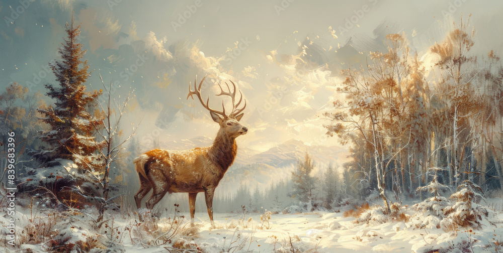 winter wildlife art, an oil painting depicting a solitary deer in a wintry meadow, set against frosty trees, capturing the serene beauty of the wild winter landscape winter wildlife art, an oil painting depicting a solitary deer in a wintry meadow, set against frosty trees, capturing the serene beauty of the wild winter landscape