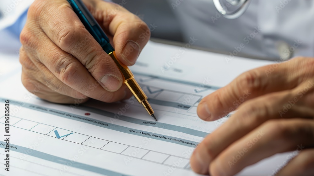 Doctor filling out medical survey paperwork and marking checkboxes, emphasizing the importance of accurate healthcare documentation. Perfect for medical and healthcare themes Doctor filling out medical survey paperwork and marking checkboxes, emphasizing the importance of accurate healthcare documentation. Perfect for medical and healthcare themes