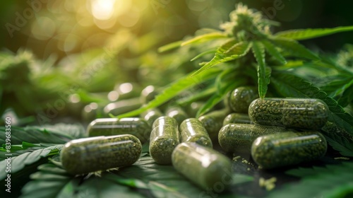 cbd capsules fused with green herbs advocating natural healing and the health perks of cbd, now available photo