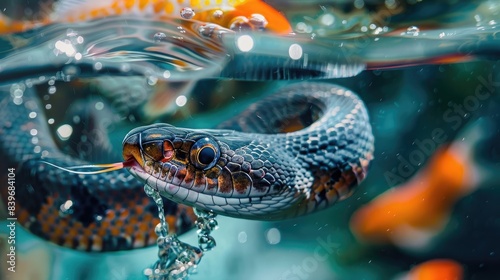 olive seas Snake eating fish in water photo