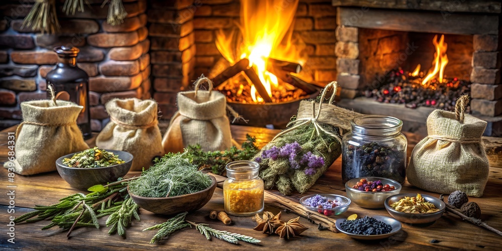 Fototapeta premium There are crystals, salt, magical candles, various dry herbs on the table near the fireplace, everything for magical rituals, a magical background