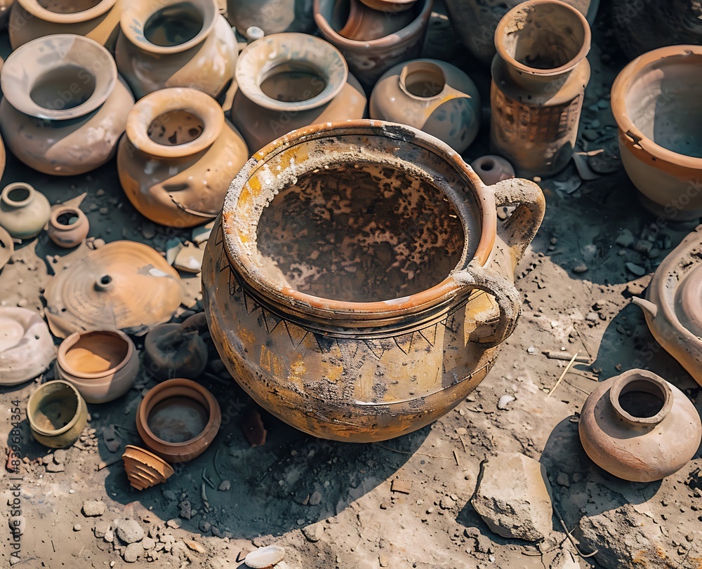 An ancient clay pot, a flat bottomed bowl with a handle and raised rim, lying on the ground next to other pots of different sizes