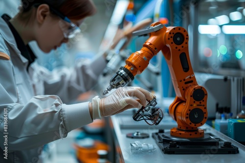 A technician works on an orange robotic arm in an advanced lab setting, highlighting automation and precision engineering. Created with Generative AI.
