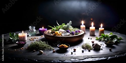 Black Table with magical items, salt crystals, dry herbs, candles, ritual items, magical background,  photo