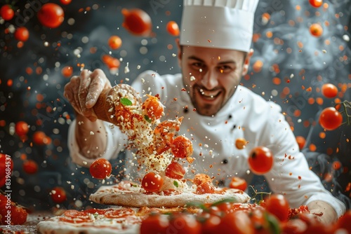 Wild and crazy Italian chef wildly making pizza with ingredients flying around photo