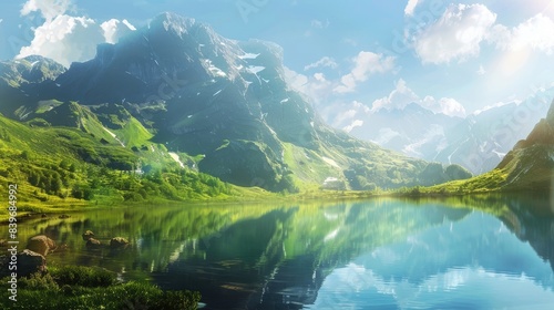 panoramic view of the mountain lake in green valley with sharp peaks, clear blue sky and sun rays