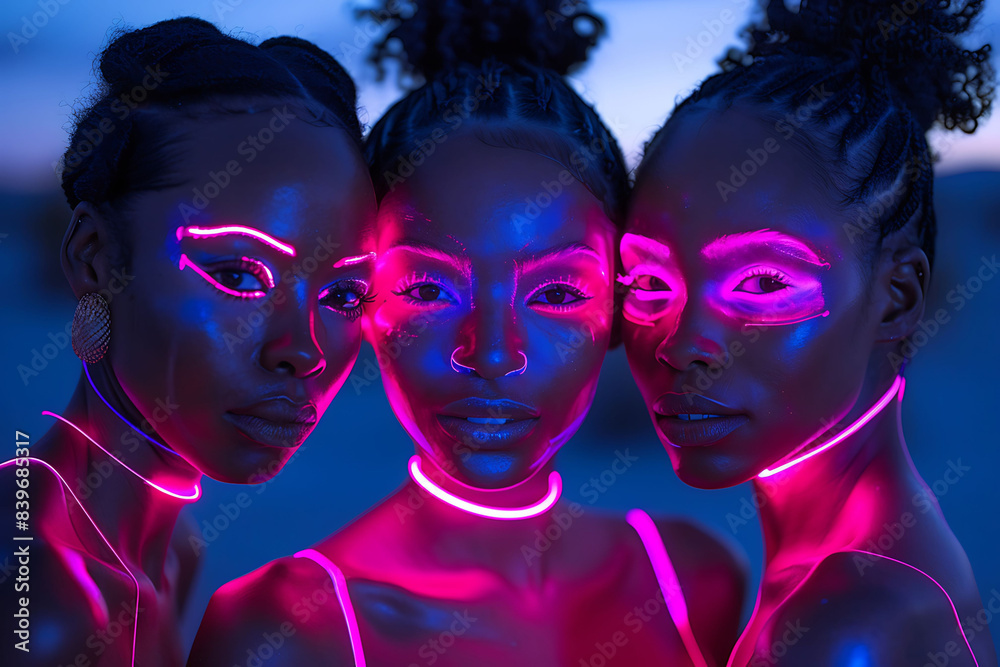 Fototapeta premium Three women glowing neon pink and purple lines on their faces at night in the desert wearing tank tops posing for a photo with a long exposure in the style of black light photography