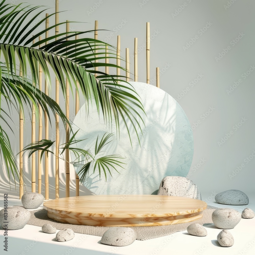 Obraz premium Nature-inspired mockup podium with green rocks and tropical leaves