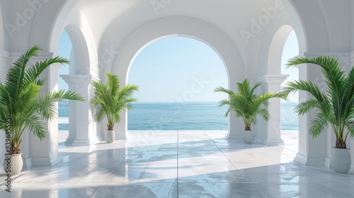 a creative design featuring palm leaves bursting from arches against a white background, creating a view of the sea in perspective © Aliaksandra