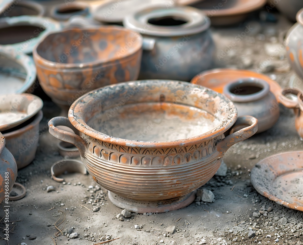 An ancient Roman terracotta bowl with two handles, lying on the ground next to other antique Roman pots and plates An ancient Roman terracotta bowl with two handles, lying on the ground next to other antique Roman pots and plates