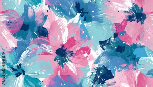 Abstract floral pattern in pink, blue and teal, in the digital art style, brush strokes, large flowers, playful and colorful 