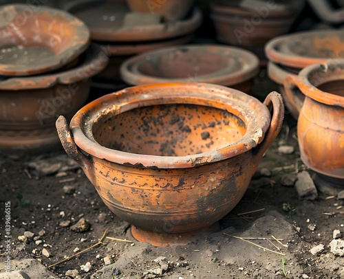 An ancient Roman terracotta bowl with two handles, lying on the ground next to other antique Roman pots and plates