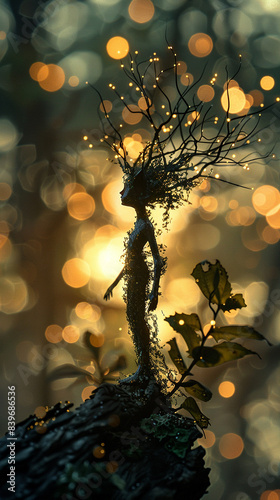 Fantasy Kingdom, Enchanted Forest, Mythical Creatures, Inspired by Guillermo del Toros Dark Fairytales, Realistic Illustration, Silhouette Lighting, Depth of Field Bokeh Effect