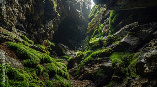 Photo of A quiet  narrow cave in the mountains near Lurnalimunam with rocks and mosscovered walls  creating an enchanting atmosphere for adventure enthusiasts.  wide angle lens natural lighting