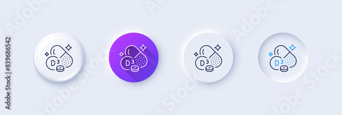 Vitamin D3 line icon. Neumorphic, Purple gradient, 3d pin buttons. Cholecalciferol food nutrient sign. Capsule or pill supplement symbol. Line icons. Neumorphic buttons with outline signs. Vector
