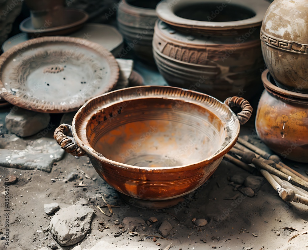 An ancient Roman terracotta bowl with two handles, lying on the ground next to other antique Roman pots and plates An ancient Roman terracotta bowl with two handles, lying on the ground next to other antique Roman pots and plates