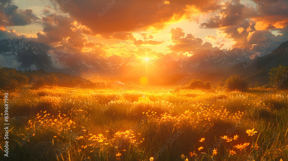 A nature meadow during sunset, the sky ablaze with colors, and the grasses casting long shadows