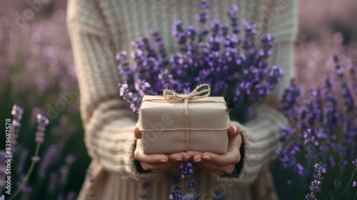 A person holding a gift wrapped in twine with lavender flowers. Generative AI.