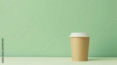 Mockup of paper coffee cup crafted on white table with light green wall background photo