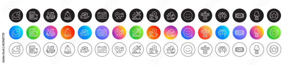 Image carousel, Loyalty star and Smile line icons. Round icon gradient buttons. Pack of Open mail, Energy price, Journey icon. Security lock, Video conference, Money profit pictogram. Vector Image carousel, Loyalty star and Smile line icons. Round icon gradient buttons. Pack of Open mail, Energy price, Journey icon. Security lock, Video conference, Money profit pictogram. Vector