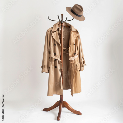 Vintage Coat Rack with Elegant Trench Coats and Accessories for Classic Styling
